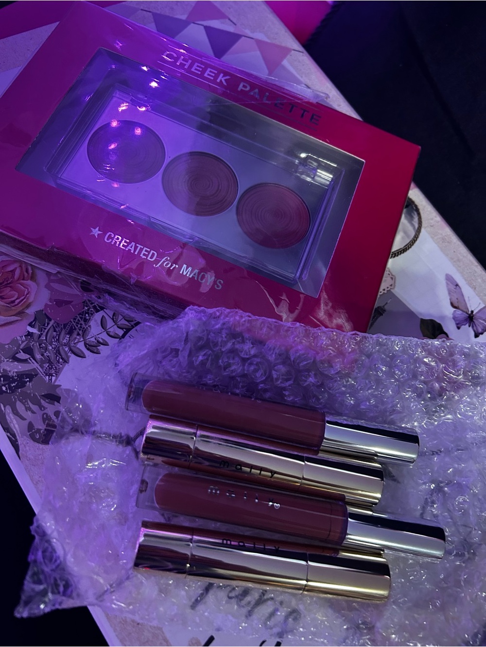 Macys and Mally Cheek Palette & Liquid Lipstick Set - Pink/Berry Shades